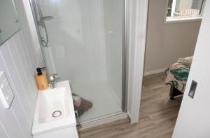 a bathroom with a shower and a sink at BENROSE FARM COTTAGES in Wellington