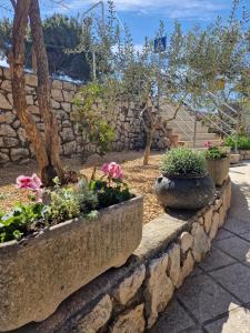 a stone retaining wall with flowers and plants at Apartments Ribica in Rab