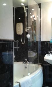 a bathroom with a shower and a tub and a sink at Thorpe Green House Vegetarian Bed & Breakfast in Robin Hood's Bay