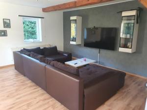 ein Wohnzimmer mit einem Sofa und einem Flachbild-TV in der Unterkunft Kornhaus - schöne Ferienwohnung mit Pool, Kamin und Terrasse in Göttingen
