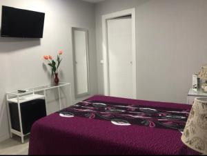 科爾多瓦的住宿－Viana Rooms Córdoba，一间卧室配有一张带花瓶的紫色床