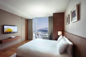 済州市にあるLOTTE City Hotel Jejuの大型ベッドとテレビが備わるホテルルームです。