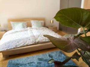 a bedroom with a bed with a plant in the foreground at V CENTRU dění in Olomouc