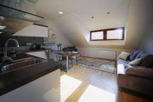 V CENTRU dění في أولوموك: مطبخ وغرفة معيشة مع أريكة وطاولة