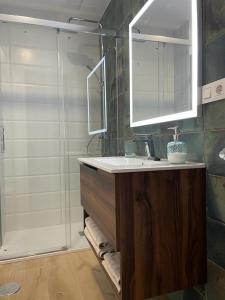 a bathroom with a sink and a shower with a mirror at Apartamentos La Hormiga Deluxe in Adra