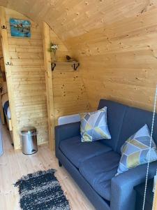 a living room with a blue couch in a cabin at The Chestnuts Pod with private garden. 