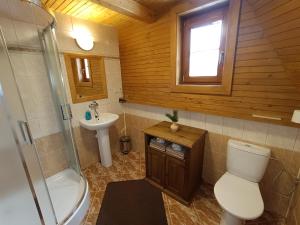 e bagno con servizi igienici, lavandino e doccia. di Wellness Penzion u Michala a Zuberec Altre 37 foto
