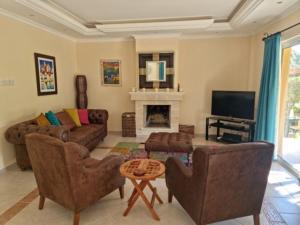a living room with a couch and a fireplace at Ozankoy Villa in Kérynia