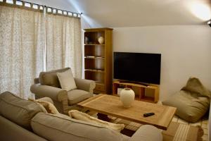 a living room with a couch and a tv at Ca La Fesola in Palafrugell