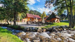 a log cabin with a river in front of it at Apartamenty Kuźnice 13 in Zakopane