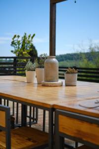 une table en bois avec trois plantes en pot dans l'établissement Monna Terra B&B, à Fermo