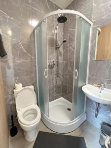 een badkamer met een douche, een toilet en een wastafel bij Klinikų apartamentai in Kaunas