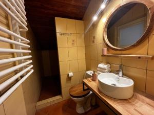 uma casa de banho com um lavatório e um espelho em Pensjonat Dom Latarnika em Grzybowo