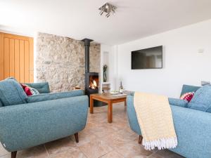 a living room with two blue couches and a fireplace at Black Rock in St Austell
