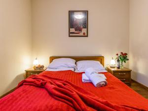 ザコパネにあるVisitZakopane - Poetic Apartmentのベッドルーム1室(赤いベッド1台、タオル2枚付)