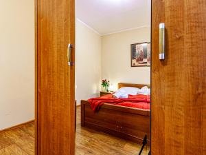 ザコパネにあるVisitZakopane - Poetic Apartmentのベッドルーム1室(赤い毛布付きのベッド1台付)