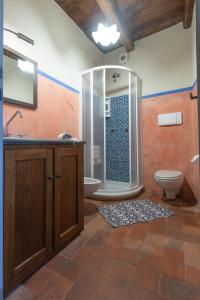 La salle de bains est pourvue d'une douche et de toilettes. dans l'établissement Sillicagnana Castle Villa with Swimming Pool!, à San Romano