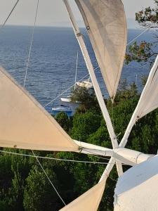 a view of a boat in the water from under an umbrella at Swing in Corfu