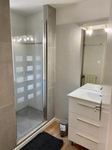 a bathroom with a shower and a white sink at Villa Sévigné in Gréoux-les-Bains