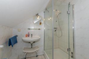 ein Bad mit einem Waschbecken und einer Glasdusche in der Unterkunft  3-Raum FeWo für 5 Personen in Schaprode auf Rügen Zi5 in Schaprode