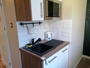 a kitchen with a sink and a microwave at Books Apartments- blisko morza in Gdańsk