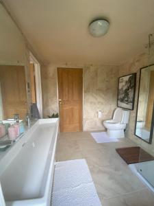 a large bathroom with a tub and a toilet at Zen Cottage, Cheltenham in Cheltenham
