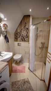 uma casa de banho com um chuveiro, um WC e um lavatório. em St Nicolas Attic em Gdansk