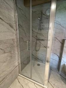 a shower with a glass door in a bathroom at Gîte à 10 min d'Europa-park in Rhinau