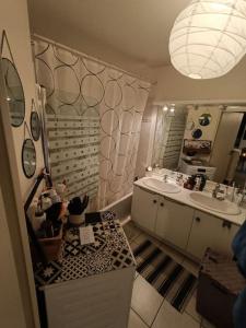 ein Badezimmer mit zwei Waschbecken und einem großen Spiegel in der Unterkunft Avenue de Caen in Rouen