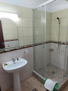 a bathroom with a sink and a shower at Hotel Laguna in Mangalia