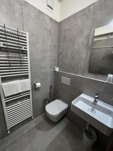 y baño con aseo blanco y lavamanos. en Hotel Sorriso, en Brenzone sul Garda