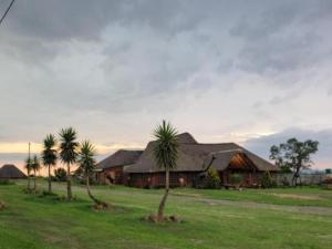 a house with palm trees in front of it at Linglela Lodge in Estcourt