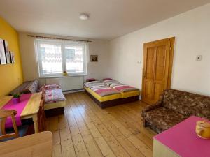 sala de estar con cama y sofá en Ubytování u Medvěda, en Rokytnice v Orlických horách