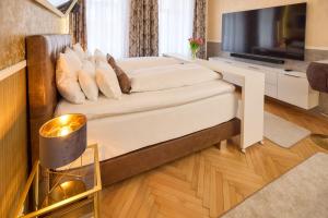 ein Wohnzimmer mit einem Sofa und einem TV in der Unterkunft Sophies Place Augarten - Imperial Lifestyle City Apartments Vienna Parking in Wien