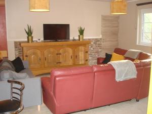 sala de estar con sofá de cuero rojo y TV en appartement Courcelles, en Courcelles