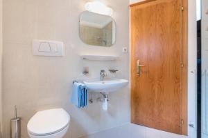 a bathroom with a toilet and a sink and a mirror at Taufner Apartement C 103 in Parcines +23 photos