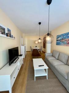 a living room with a white couch and a tv at Centro de Miño - Pumariega in Miño