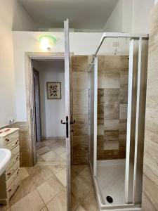 baño con ducha y puerta de cristal en Appartamento La Conchiglia a pochi passi dal centro, en San Teodoro