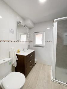 een badkamer met een toilet, een wastafel en een douche bij Apartamentos La Capitana in Luarca