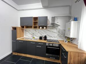 a kitchen with black and white appliances and a counter at Luxury Cozy Apartments - City Center Suceava in Suceava