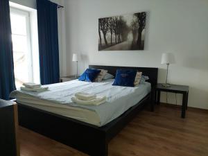 a bedroom with a large bed with blue pillows at Apartament Żeglarski Vęgoria Deluxe in Węgorzewo