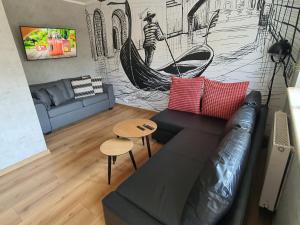 カリシュにあるJDK Apartamenty Legionów 32m2 4-osobowyのリビングルーム(ソファ、ハンモック付)