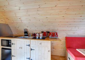 a small kitchen with wooden walls and a counter top at Oak View in Llanddeusant