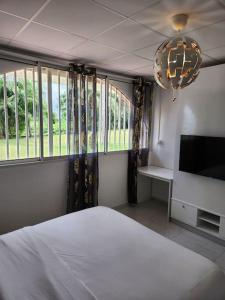 a bedroom with a bed and a tv and windows at Hello-Guyane, Marina 5, Studio Prestige 5 étoiles in Saint-Laurent du Maroni
