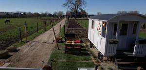 une petite maison est garée à côté d'un champ dans l'établissement Ontwaken tussen de paarden, à Helen-Bos