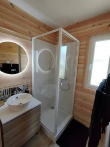 a bathroom with a shower and a sink at Chalet, aux portes du Morvan in Voudenay-lʼEglise