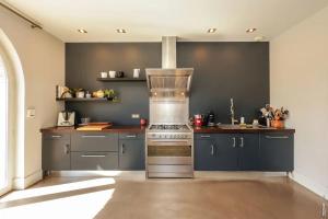 cocina con armarios azules y horno de acero inoxidable en Maison de charme - Piscine - Hypercentre - 300m2, en Lisle-sur-Tarn