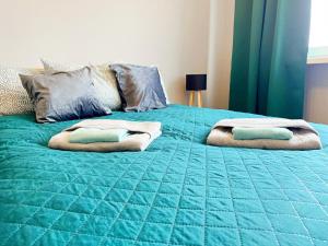 Una cama azul con dos almohadas encima. en Apartament Zielony Dąb, en Wałbrzych