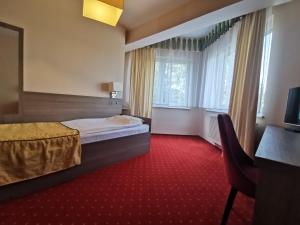 Habitación de hotel con cama y alfombra roja en Hotel Zieliniec en Poznan
