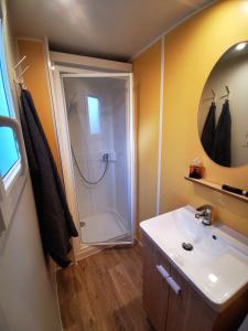 a bathroom with a shower and a white sink at Camping Le Coin Charmant in Chauzon +64 photos